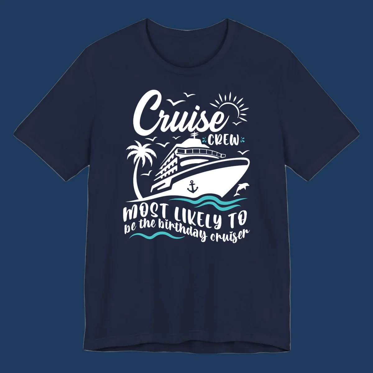Cruise crew birthday superlative design with illustrated ship, palm trees, seagulls, and ocean waves on gray background