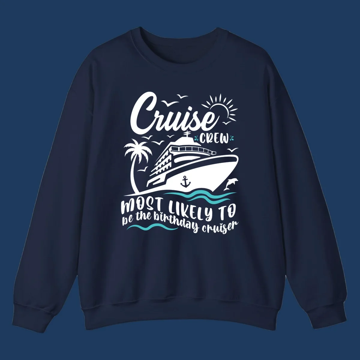 Cruise crew birthday superlative design with illustrated ship, palm trees, seagulls, and ocean waves on gray background