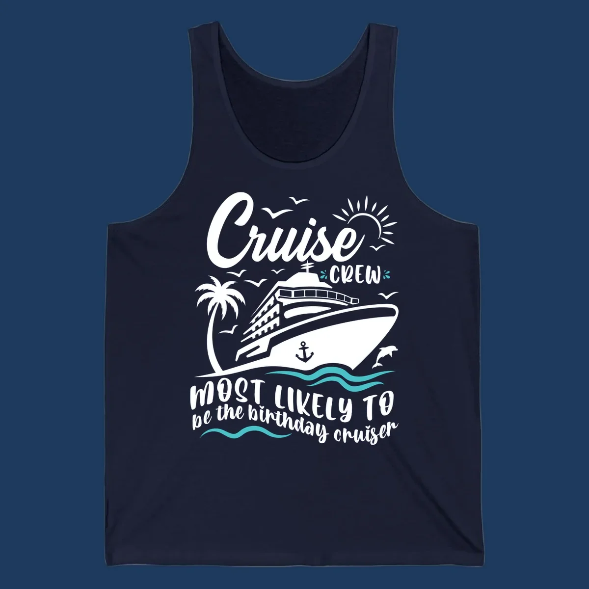 Cruise crew birthday superlative design with illustrated ship, palm trees, seagulls, and ocean waves on gray background