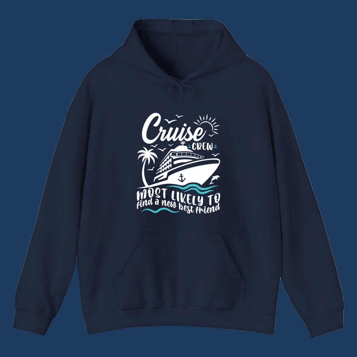 Cruise ship with palm tree, sun, seagulls and dolphins design with text 'Cruise Crew most likely to find a new best friend'