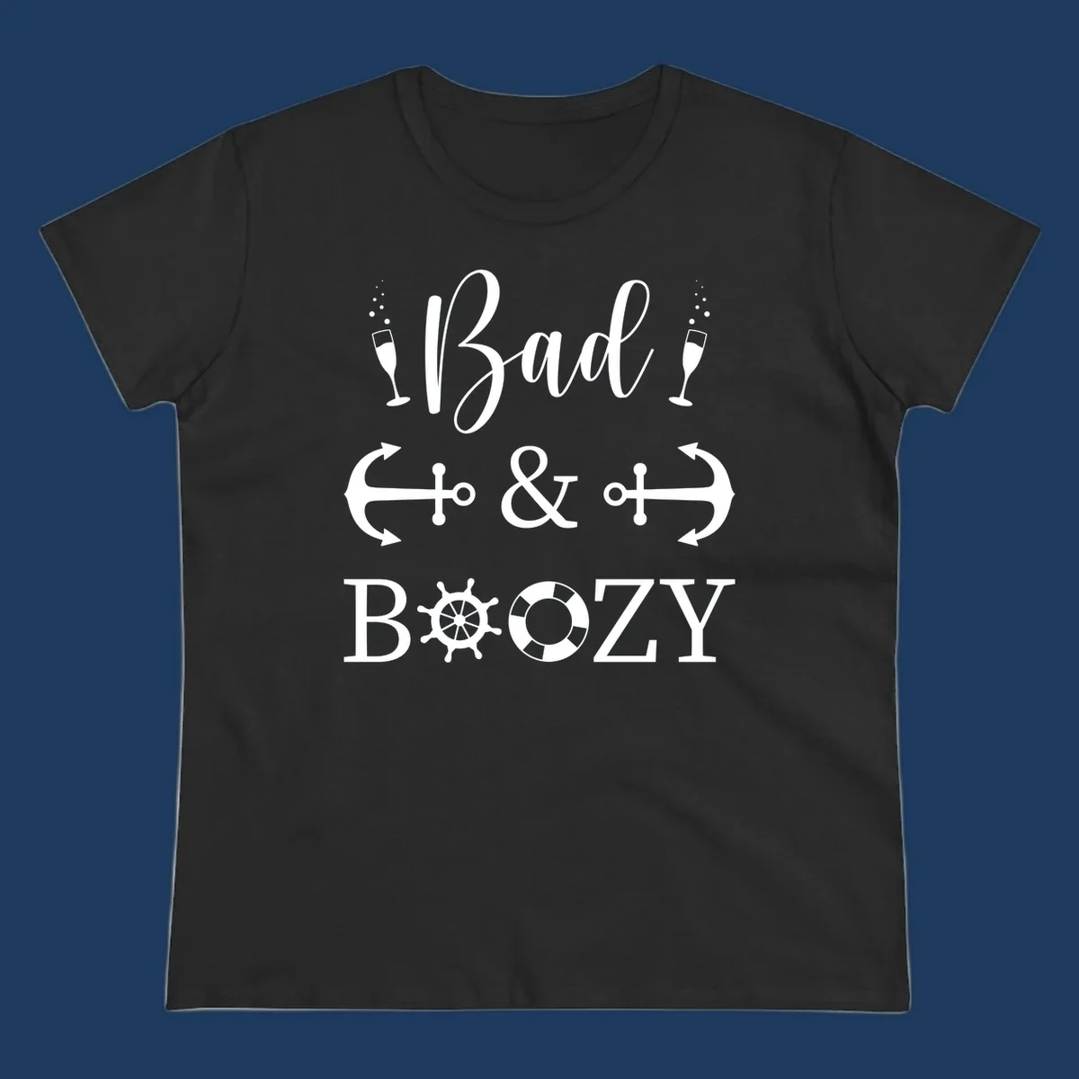 Bad and Bozy nautical cruise design with champagne flutes, ship anchors, arrows, ship wheel and life preserver on gray background