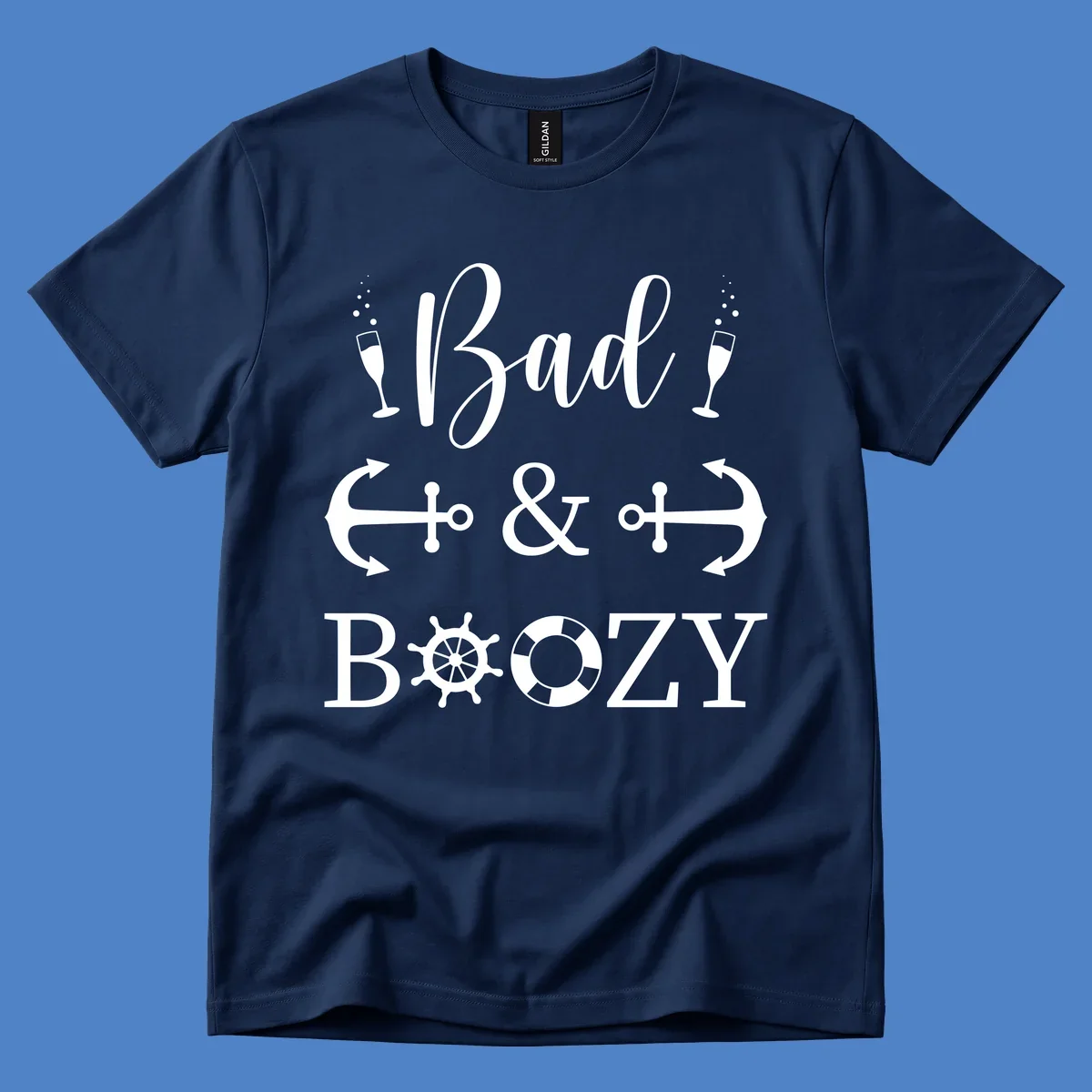 Bad and Bozy nautical cruise design with champagne flutes, ship anchors, arrows, ship wheel and life preserver on gray background