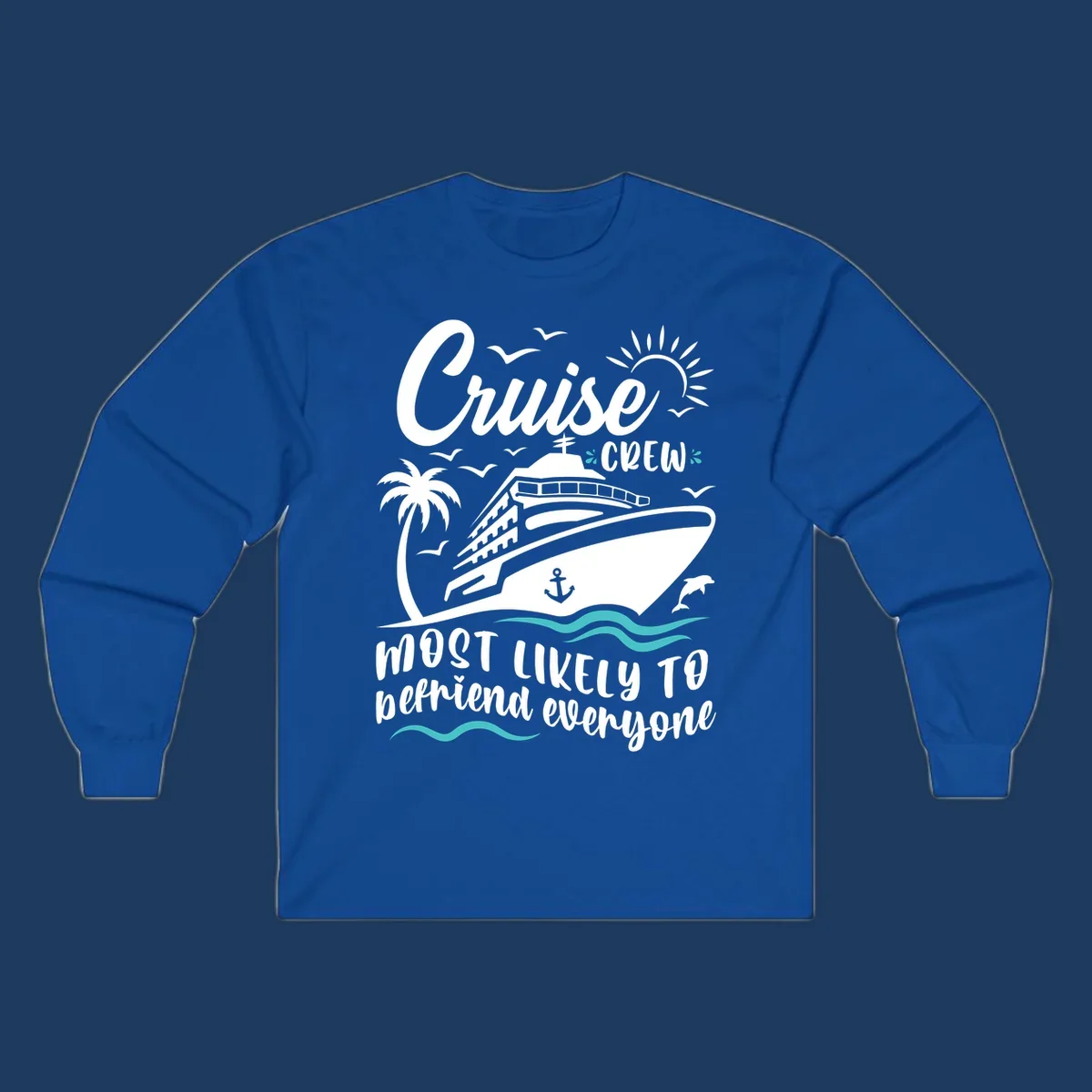 Cruise ship illustration with ocean waves, palm tree, sun, and text reading 'Cruise Crew most likely to befriend everyone' on gray background