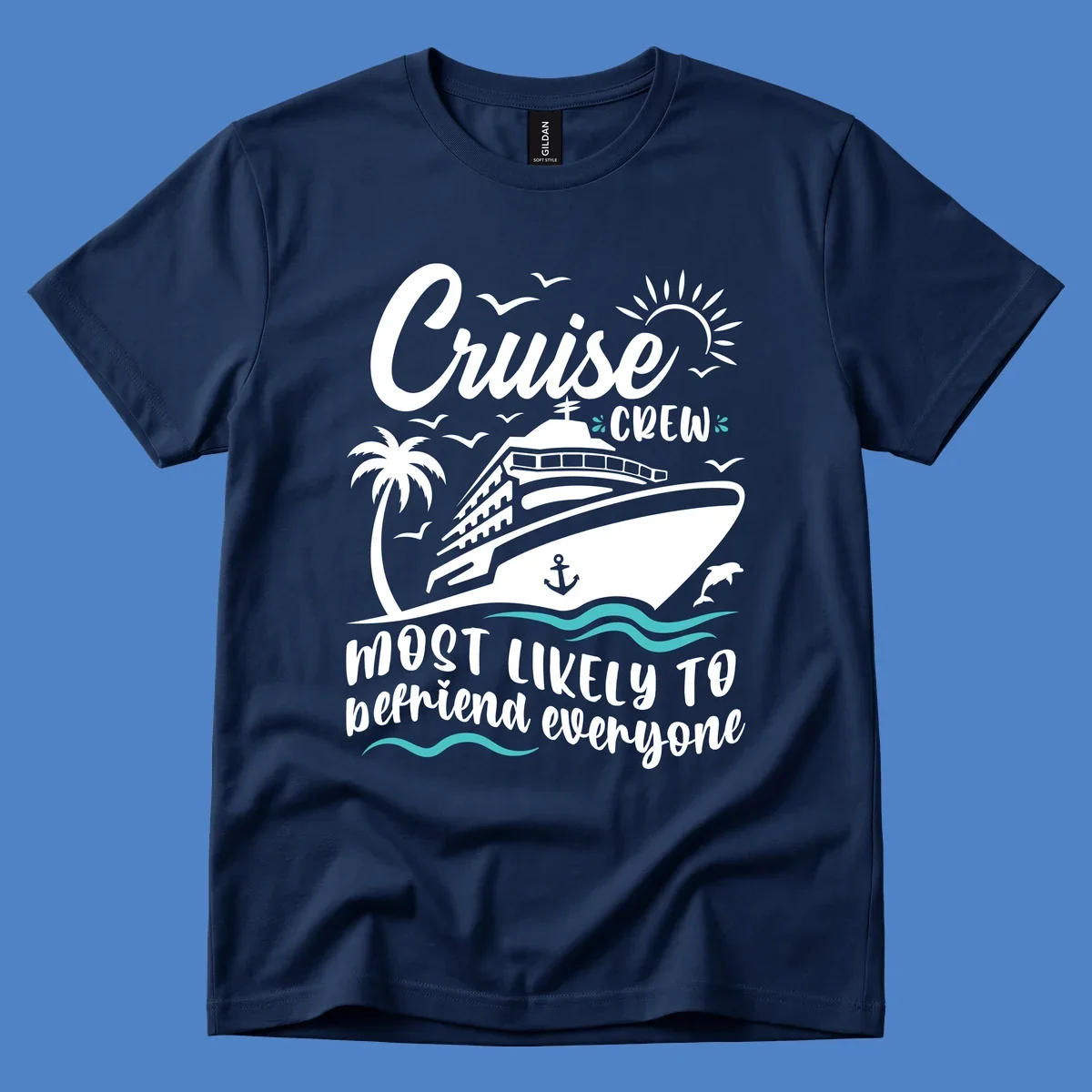Cruise ship illustration with ocean waves, palm tree, sun, and text reading 'Cruise Crew most likely to befriend everyone' on gray background