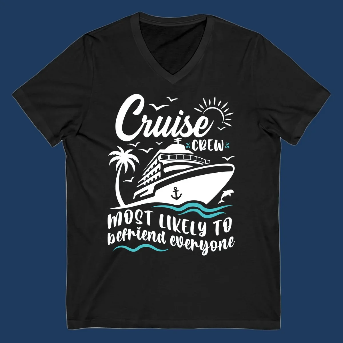 Cruise ship illustration with ocean waves, palm tree, sun, and text reading 'Cruise Crew most likely to befriend everyone' on gray background