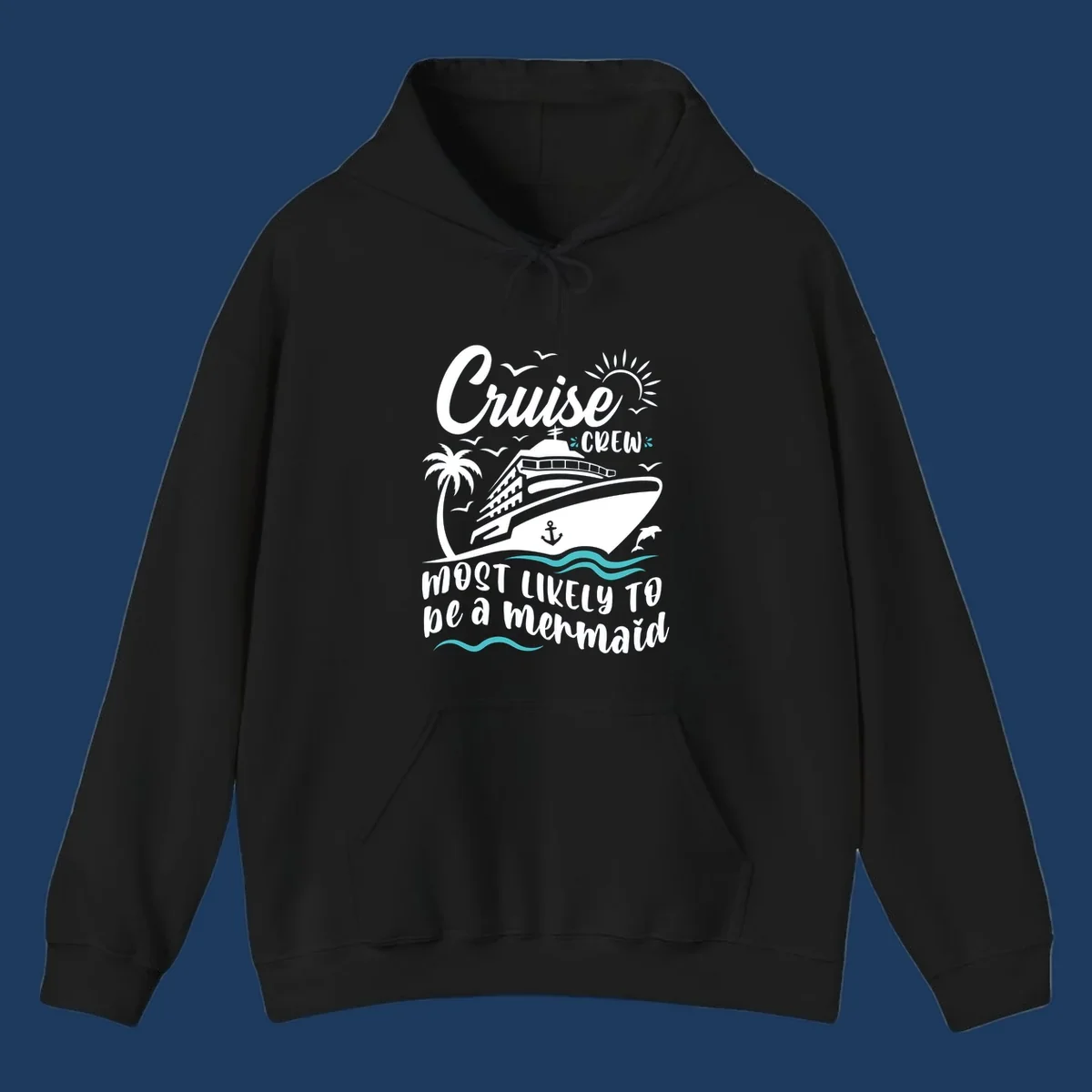 Cruise crew mermaid design with ship, palm tree, sun, seagulls, and anchor on gray background with white and teal accents
