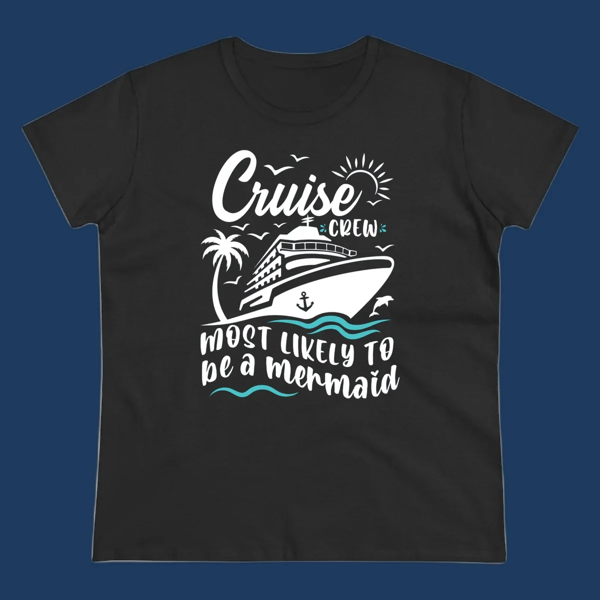 Cruise crew mermaid design with ship, palm tree, sun, seagulls, and anchor on gray background with white and teal accents