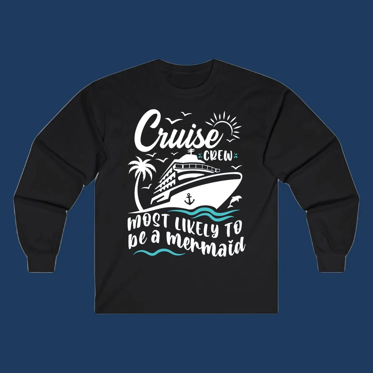Cruise crew mermaid design with ship, palm tree, sun, seagulls, and anchor on gray background with white and teal accents