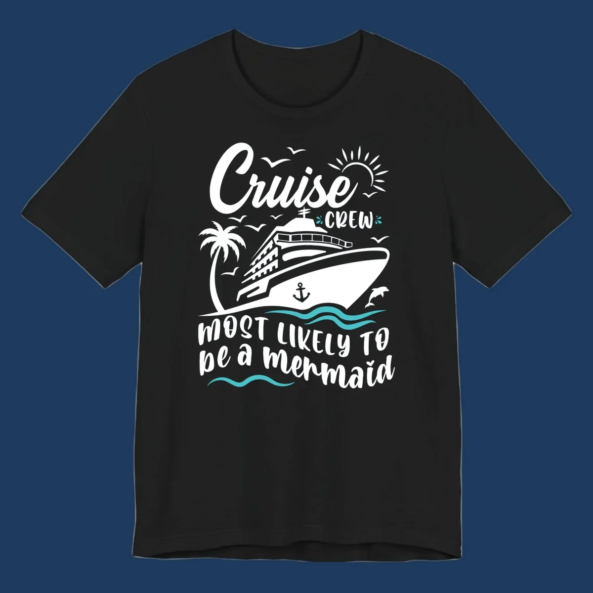 Cruise crew mermaid design with ship, palm tree, sun, seagulls, and anchor on gray background with white and teal accents