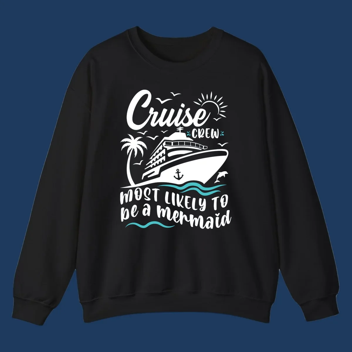 Cruise crew mermaid design with ship, palm tree, sun, seagulls, and anchor on gray background with white and teal accents