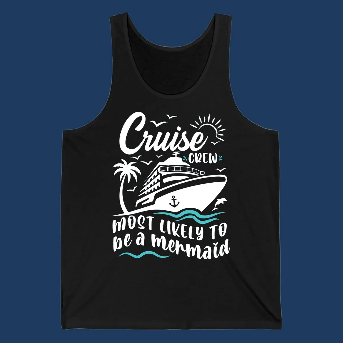 Cruise crew mermaid design with ship, palm tree, sun, seagulls, and anchor on gray background with white and teal accents