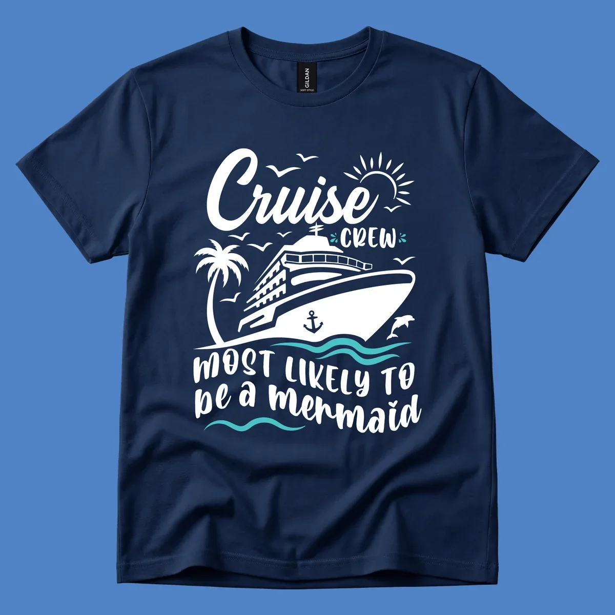 Cruise crew mermaid design with ship, palm tree, sun, seagulls, and anchor on gray background with white and teal accents
