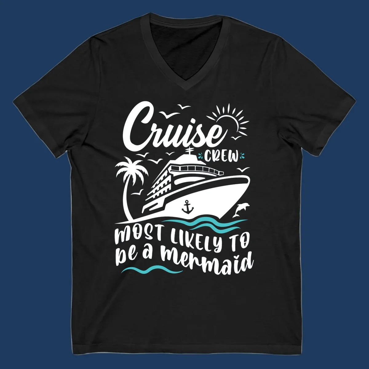 Cruise crew mermaid design with ship, palm tree, sun, seagulls, and anchor on gray background with white and teal accents