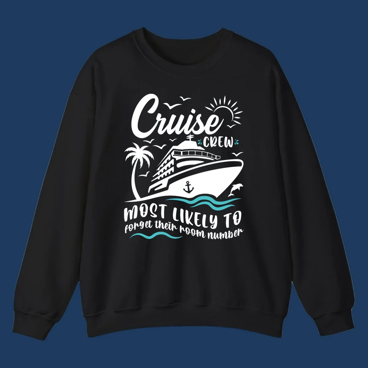 Cruise crew room number design with ship, palm tree, sun, waves, and seagulls on gray background