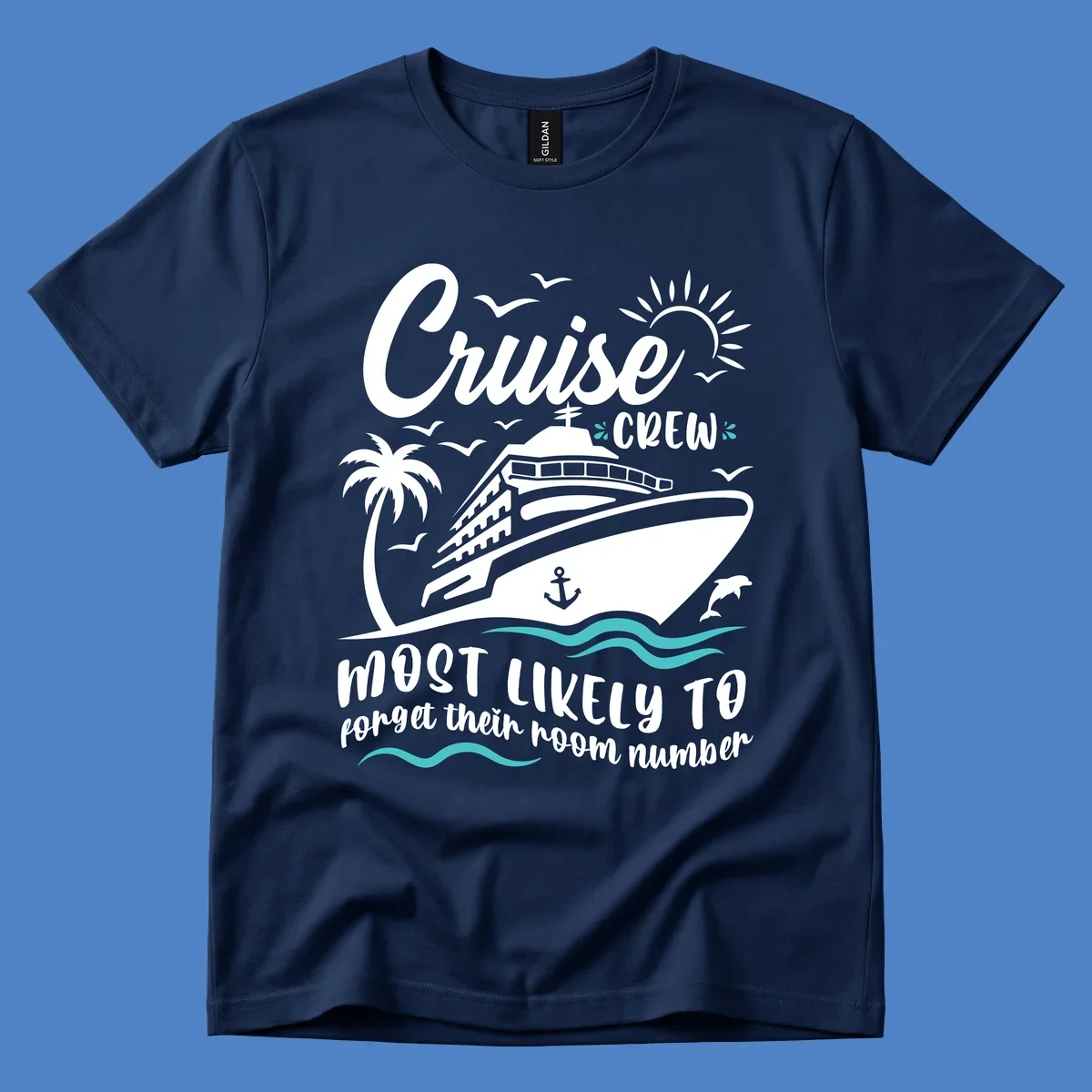 Cruise crew room number design with ship, palm tree, sun, waves, and seagulls on gray background