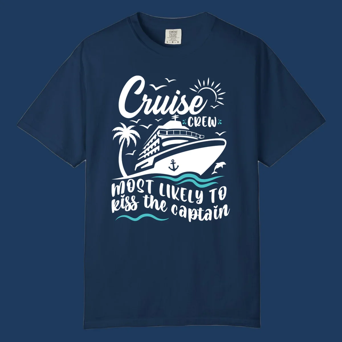 Cruise crew captain design with ship, palm tree, dolphins, sun, and ocean waves on gray background