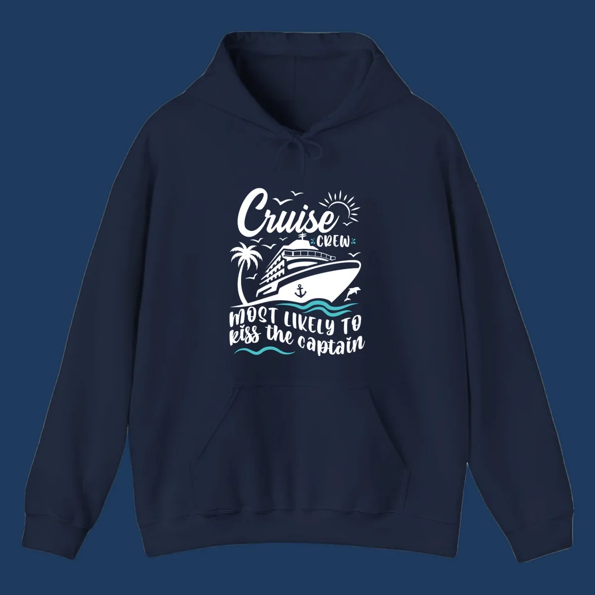 Cruise crew captain design with ship, palm tree, dolphins, sun, and ocean waves on gray background