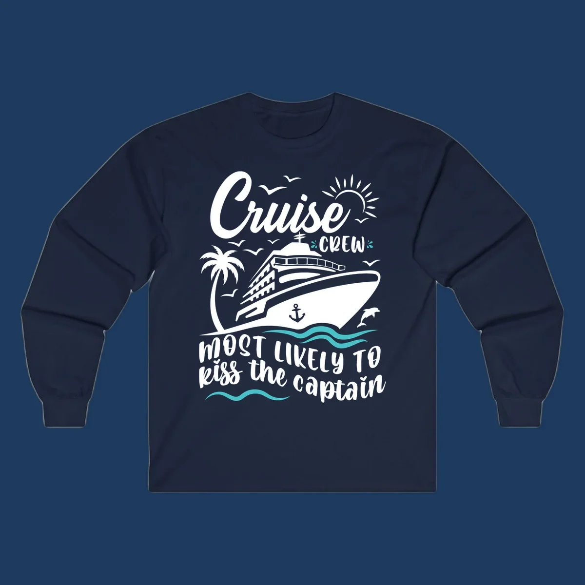 Cruise crew captain design with ship, palm tree, dolphins, sun, and ocean waves on gray background