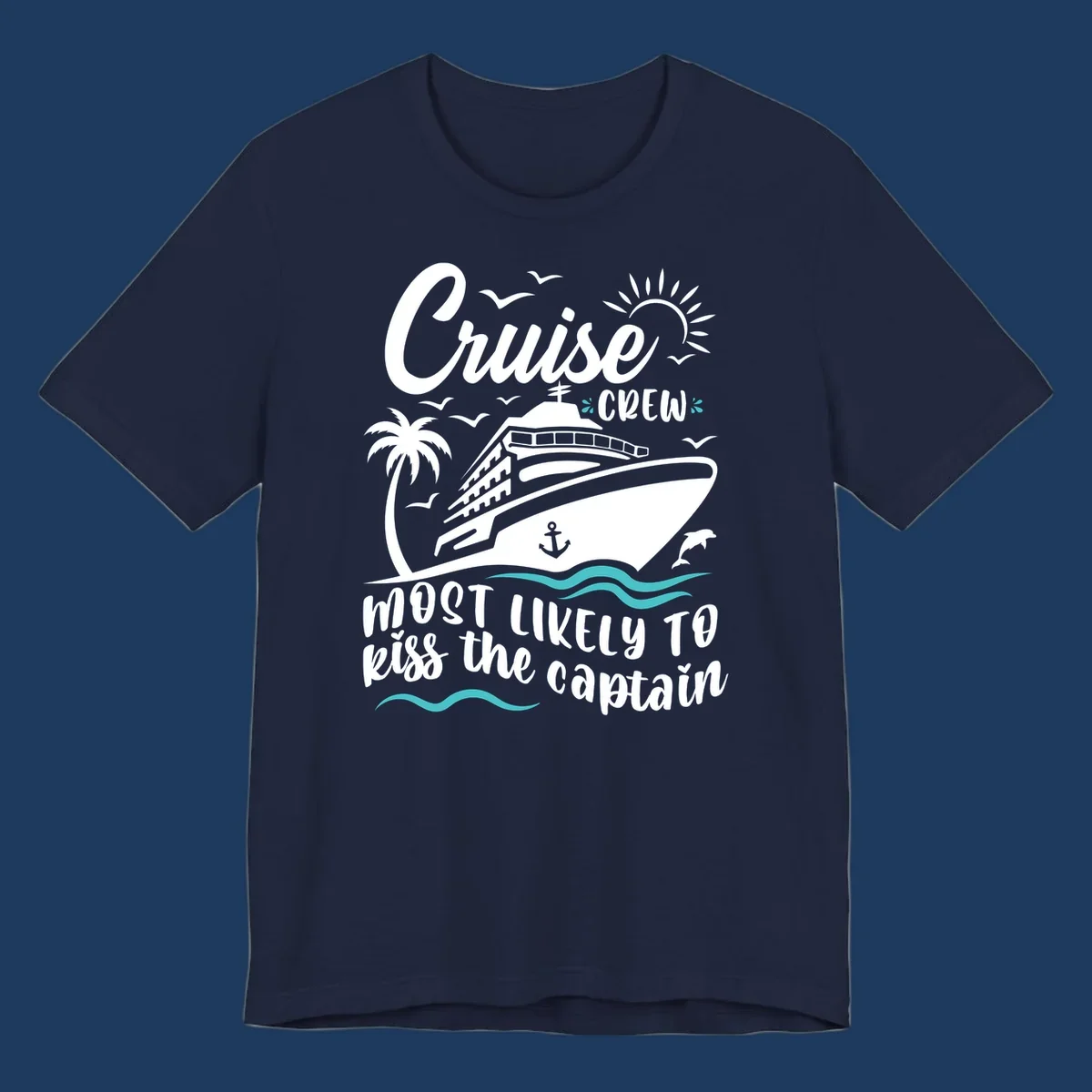 Cruise crew captain design with ship, palm tree, dolphins, sun, and ocean waves on gray background