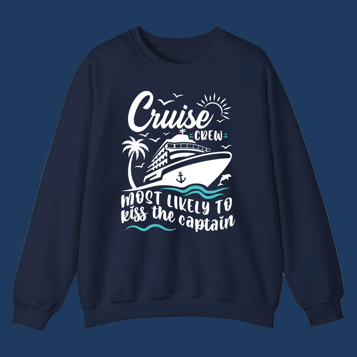 Cruise crew captain design with ship, palm tree, dolphins, sun, and ocean waves on gray background