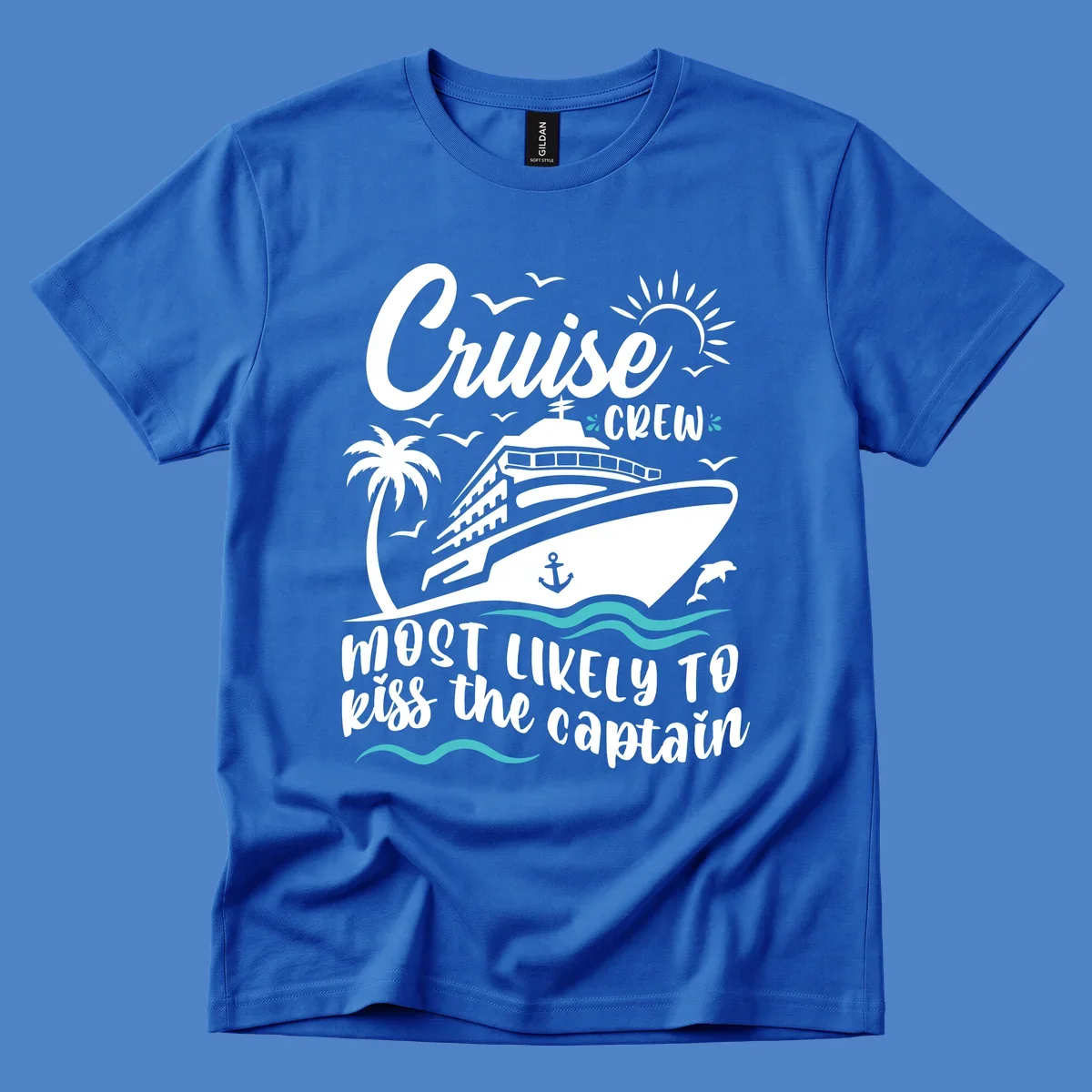 Cruise crew captain design with ship, palm tree, dolphins, sun, and ocean waves on gray background