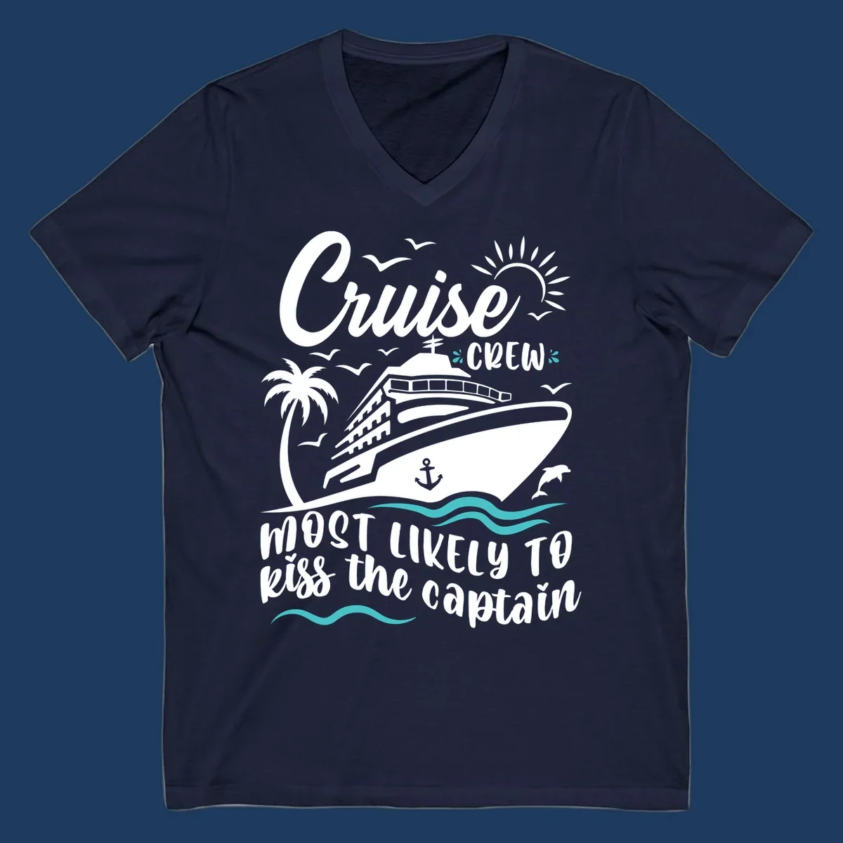 Cruise crew captain design with ship, palm tree, dolphins, sun, and ocean waves on gray background