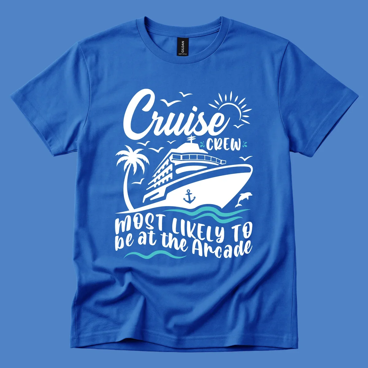 Cruise ship illustration with palm tree, sun, seagulls, and ocean waves; text reads 'Cruise Crew Most Likely To be at the Arcade'