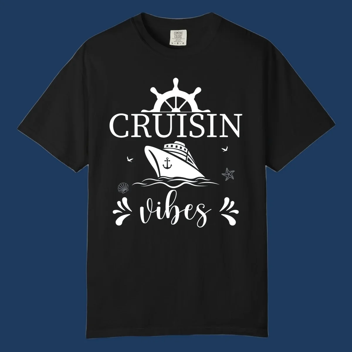 Cruisin vibes nautical design with ship wheel, cruise ship, anchor, and ocean elements on gray background