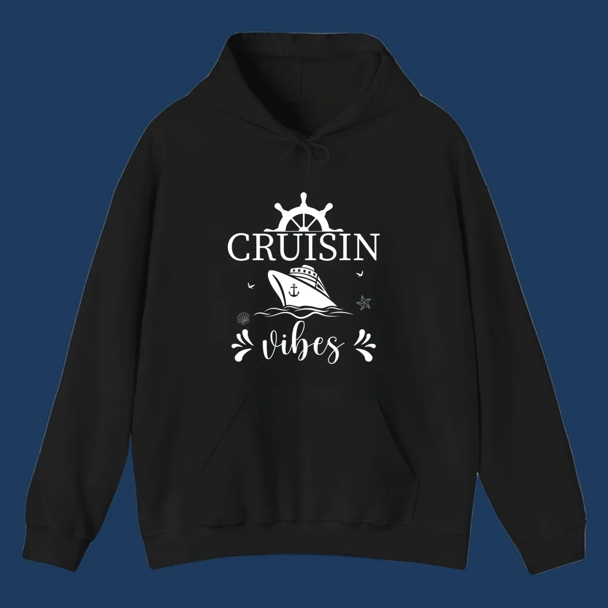 Cruisin vibes nautical design with ship wheel, cruise ship, anchor, and ocean elements on gray background