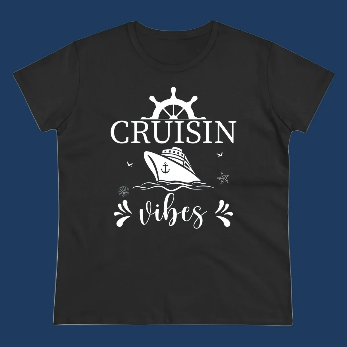 Cruisin vibes nautical design with ship wheel, cruise ship, anchor, and ocean elements on gray background