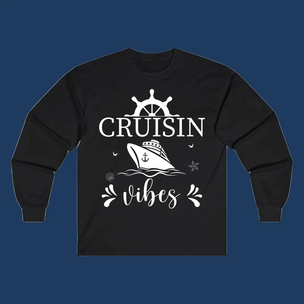 Cruisin vibes nautical design with ship wheel, cruise ship, anchor, and ocean elements on gray background