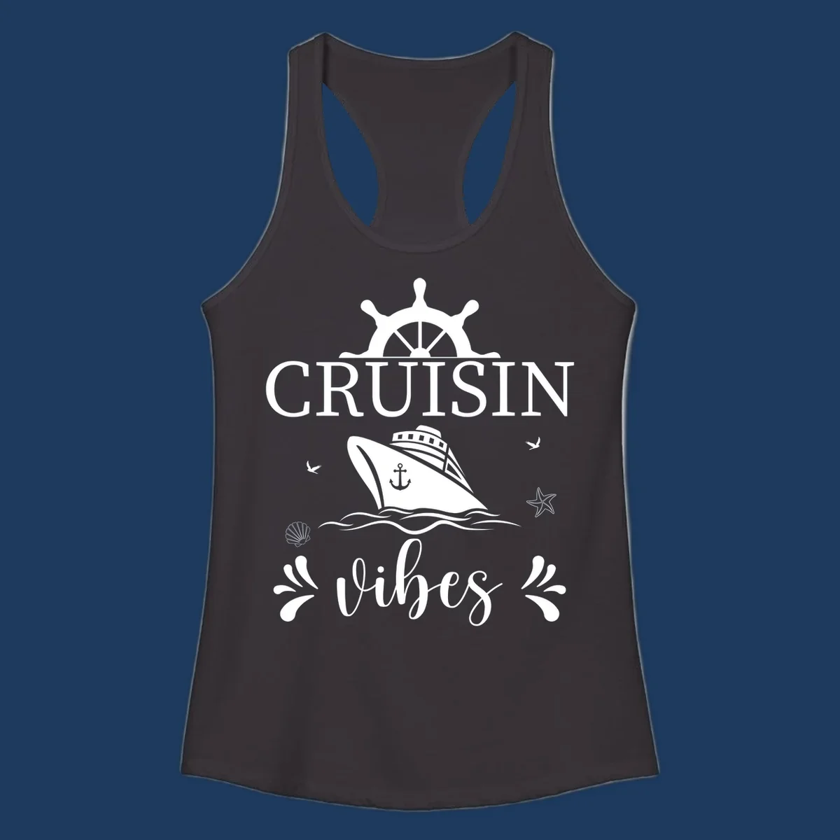 Cruisin vibes nautical design with ship wheel, cruise ship, anchor, and ocean elements on gray background