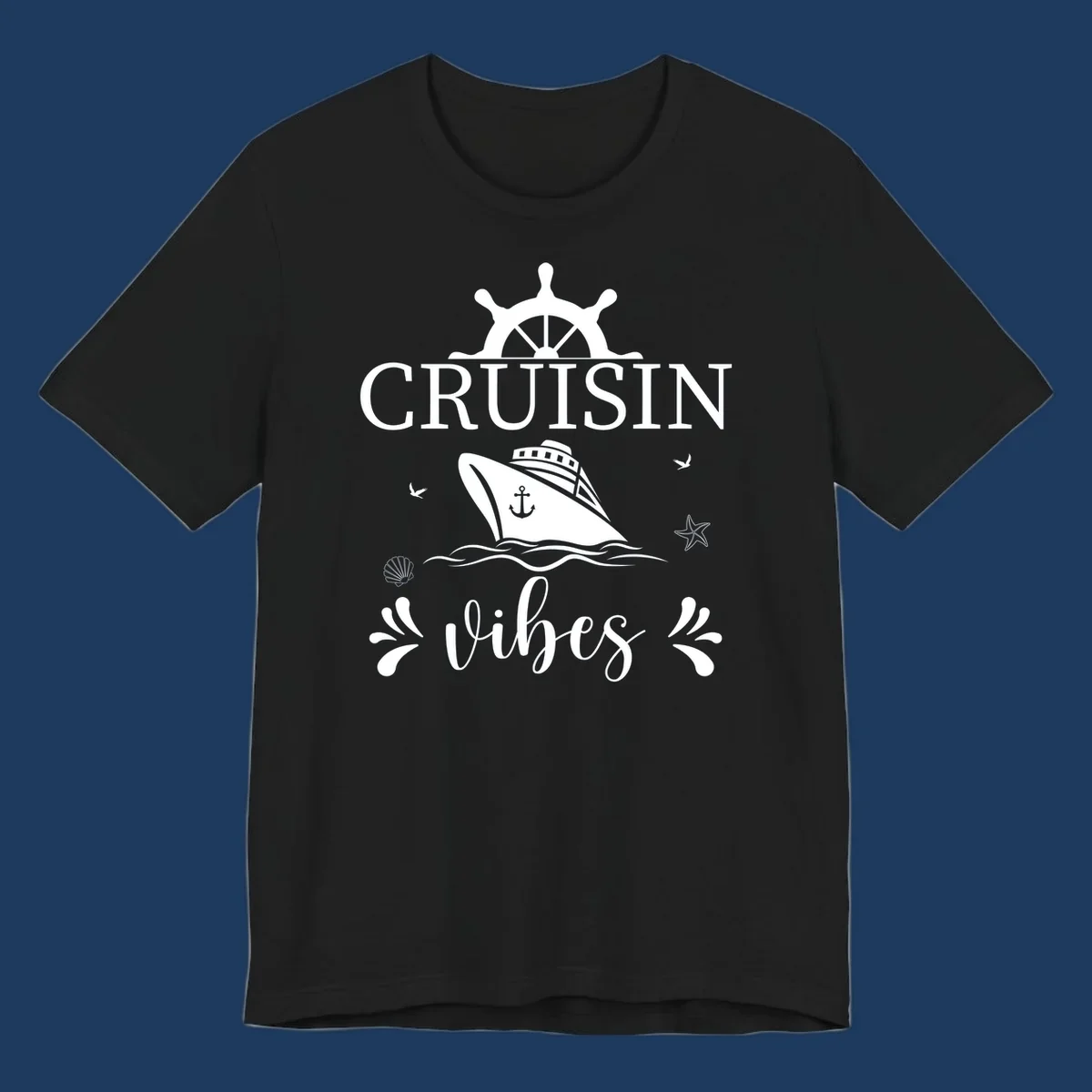 Cruisin vibes nautical design with ship wheel, cruise ship, anchor, and ocean elements on gray background