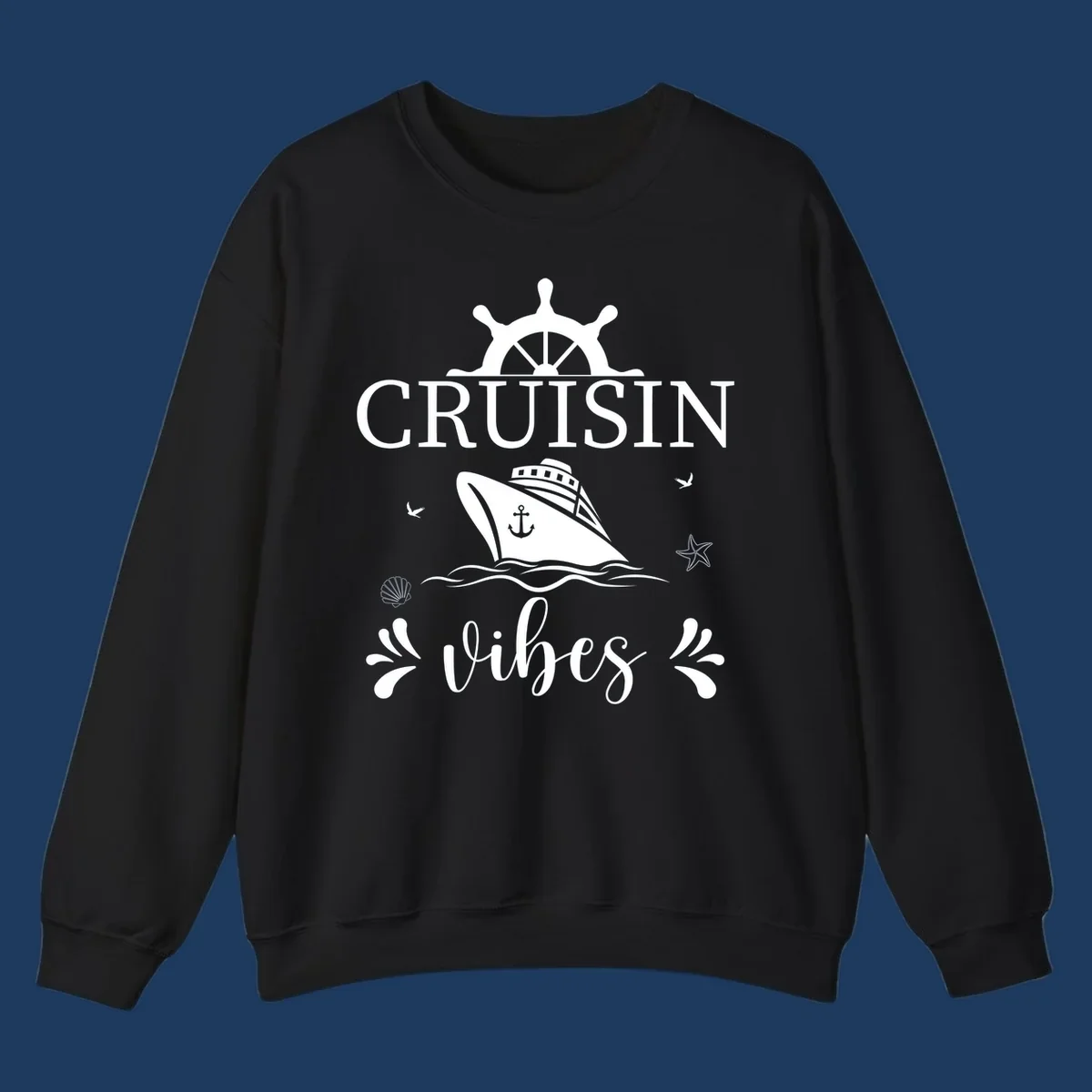 Cruisin vibes nautical design with ship wheel, cruise ship, anchor, and ocean elements on gray background