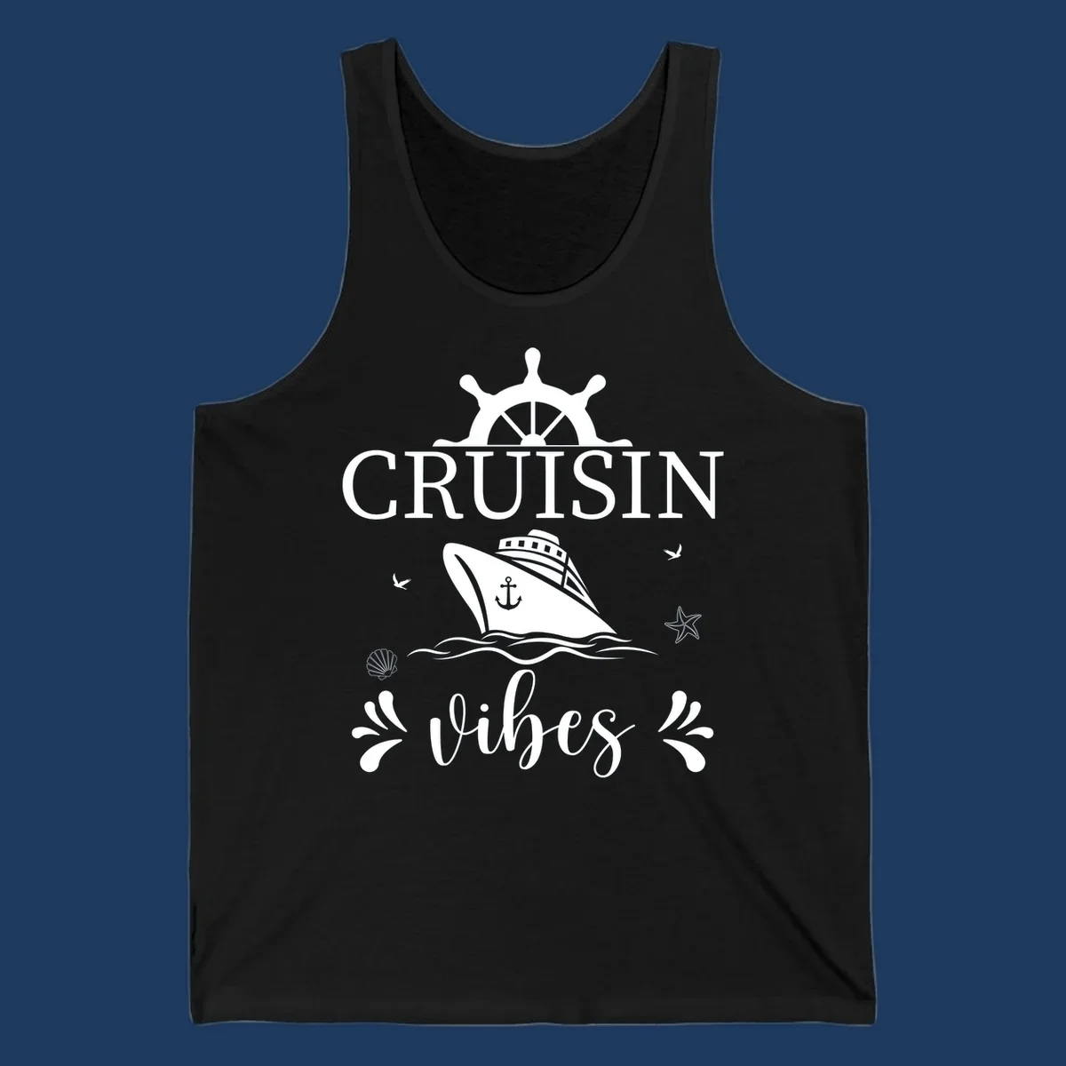 Cruisin vibes nautical design with ship wheel, cruise ship, anchor, and ocean elements on gray background