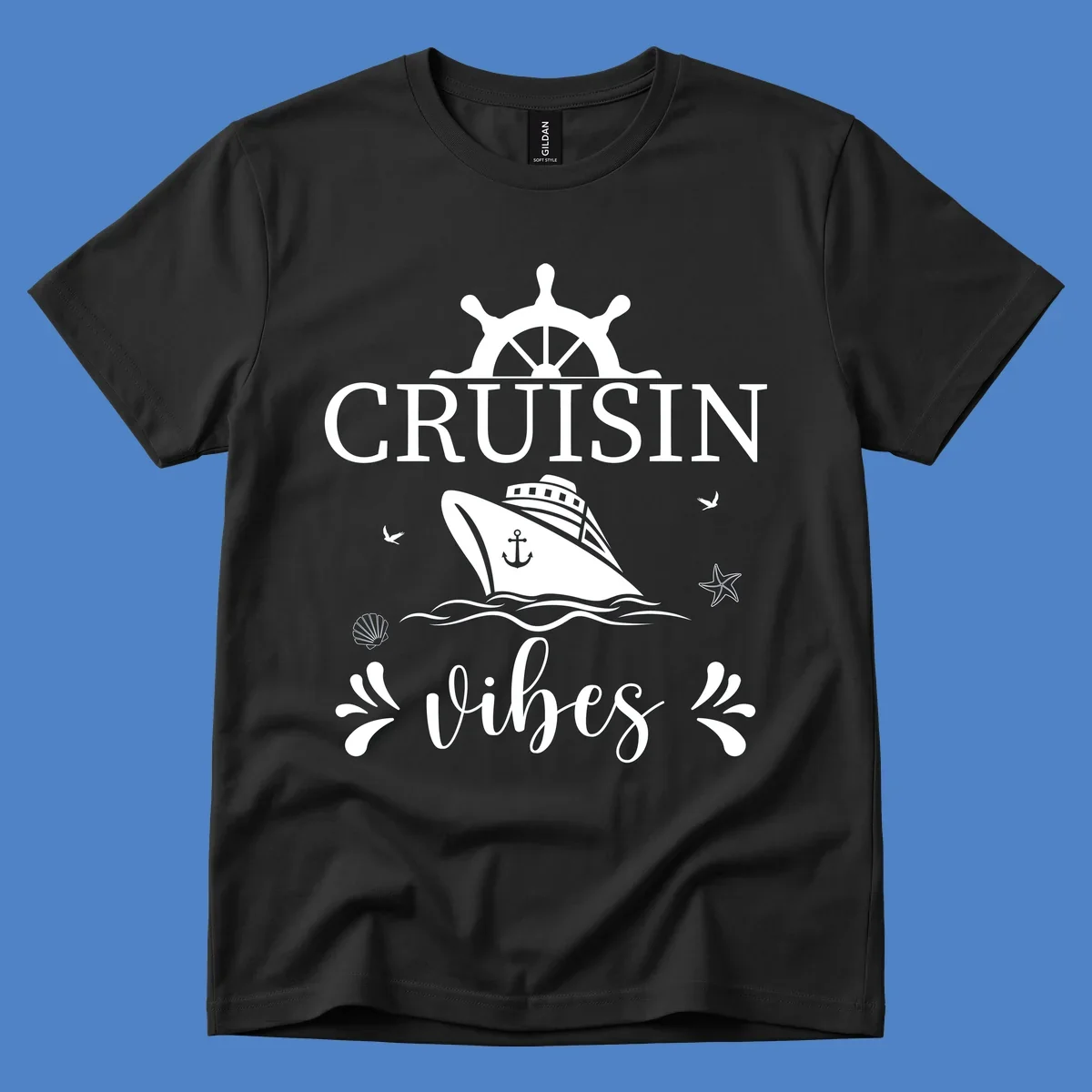 Cruisin vibes nautical design with ship wheel, cruise ship, anchor, and ocean elements on gray background