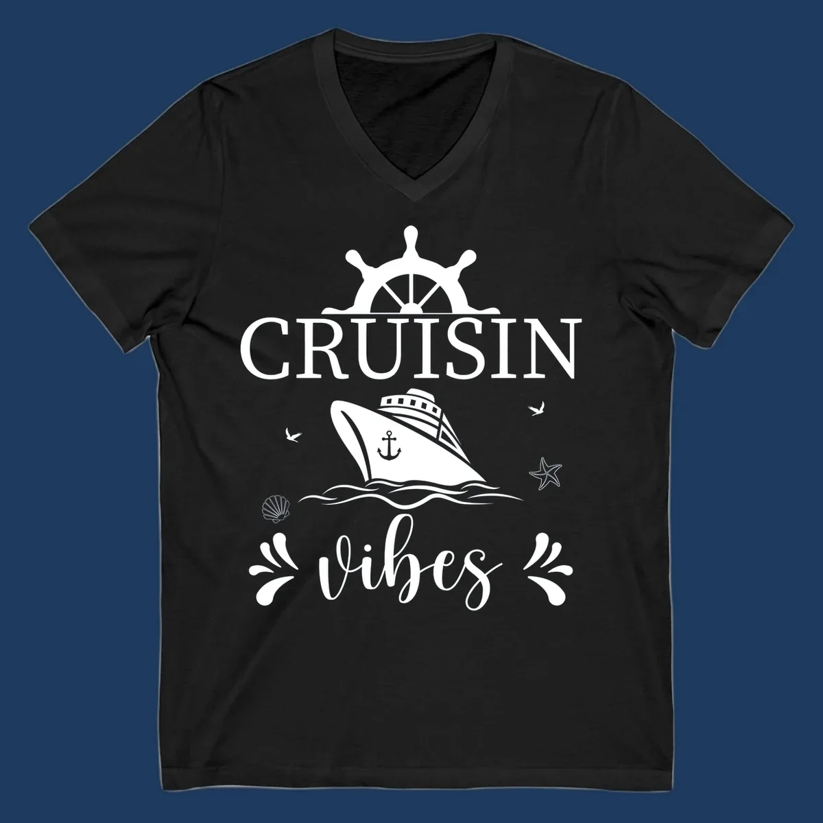 Cruisin vibes nautical design with ship wheel, cruise ship, anchor, and ocean elements on gray background