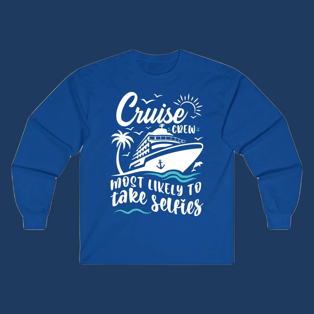 Cruise crew selfies design with illustrated ship, palm tree, sun, waves, and playful text on gray background