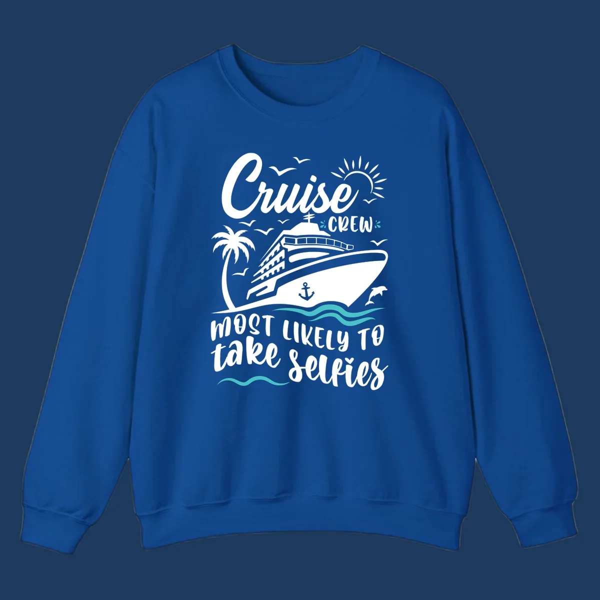 Cruise crew selfies design with illustrated ship, palm tree, sun, waves, and playful text on gray background