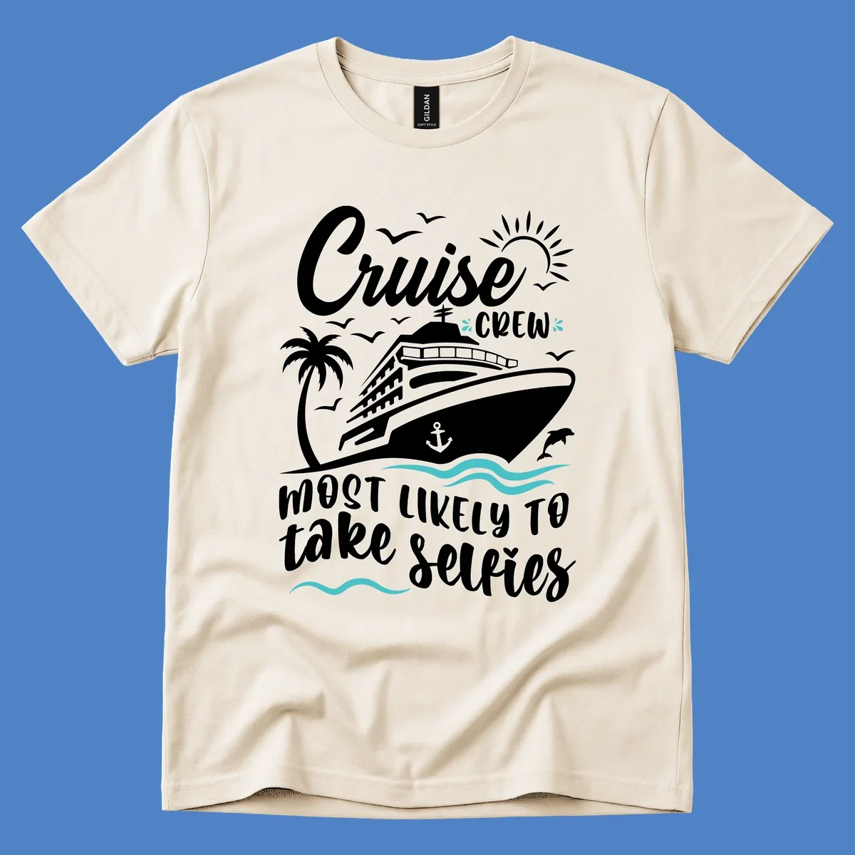 Cruise crew selfies design with illustrated ship, palm tree, sun, waves, and playful text on gray background