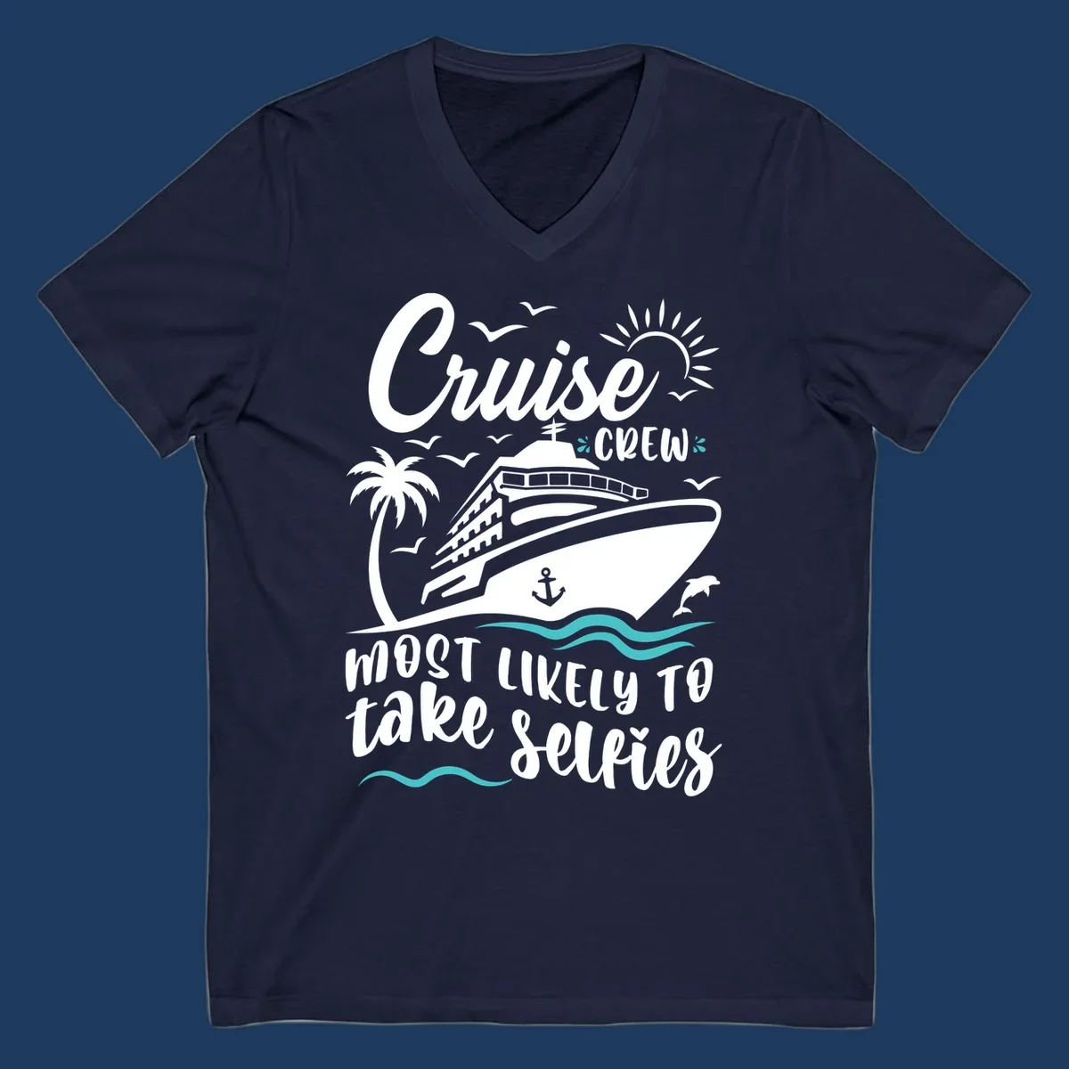 Cruise crew selfies design with illustrated ship, palm tree, sun, waves, and playful text on gray background
