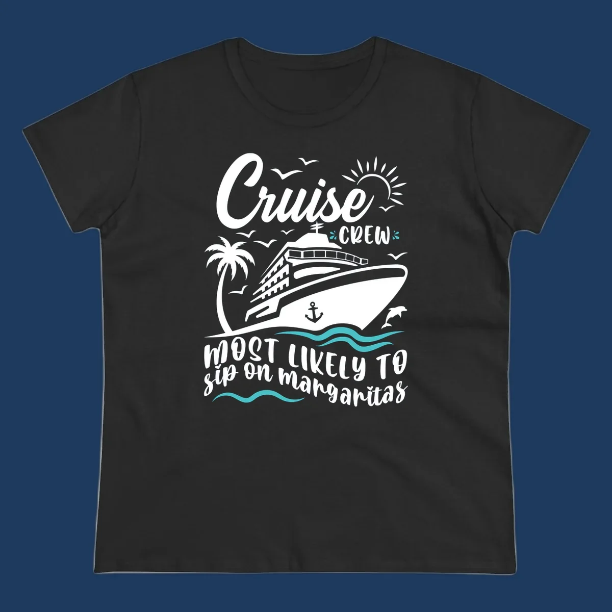 Cruise crew margarita design with ship, palm tree, sun, waves, seagulls and dolphin illustration