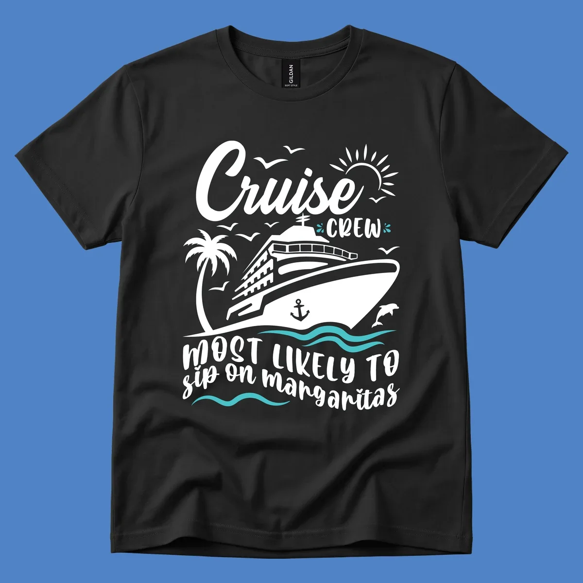 Cruise crew margarita design with ship, palm tree, sun, waves, seagulls and dolphin illustration