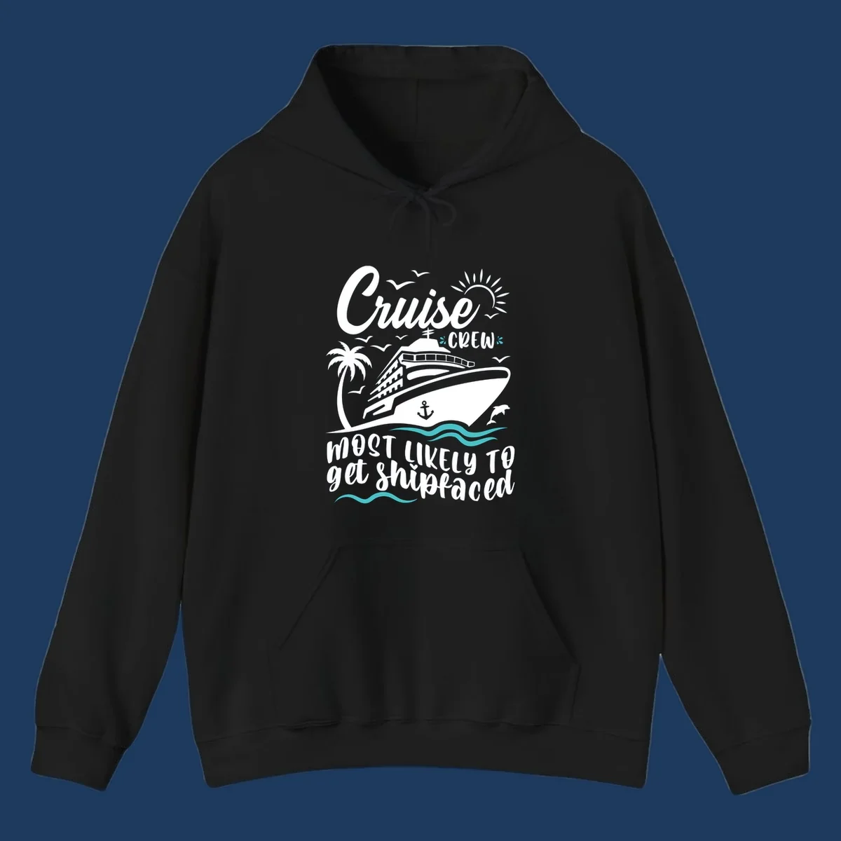 Cruise ship illustration with palm tree, ocean waves, seagulls and anchor. Text reads 'Cruise Crew most likely to get Shipfaced' in white lettering on gray background.