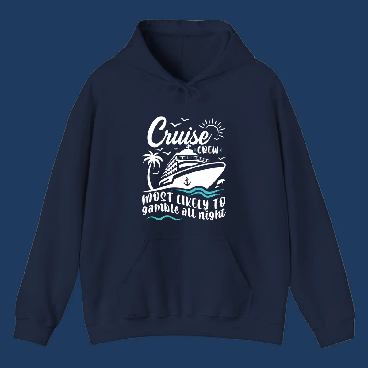 Cruise crew gamble all night design with ship, palm tree, anchor, seagulls, dolphin, and ocean waves on gray background