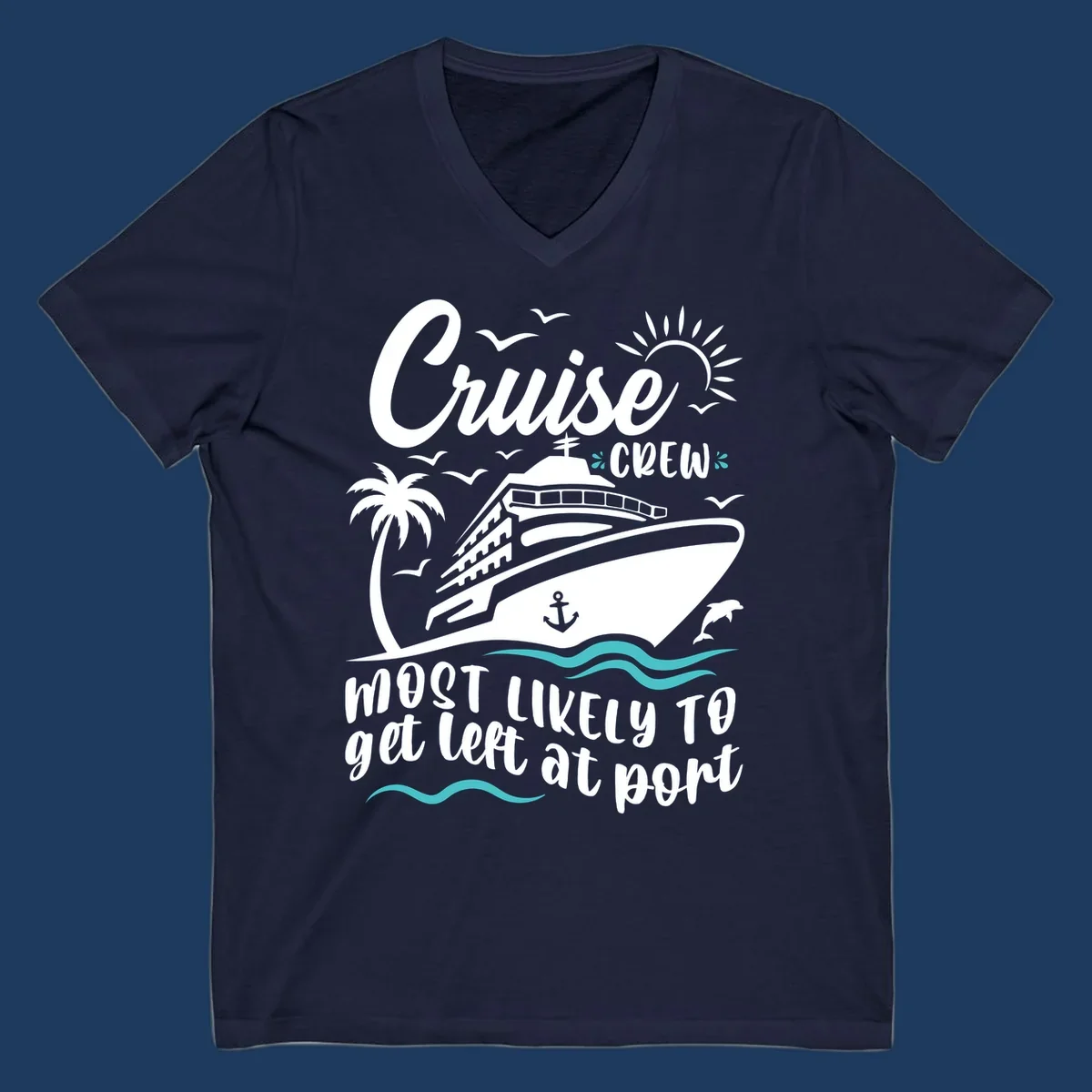 Cruise ship with palm tree, waves, seagulls, and sun illustration with text 'Cruise Crew most likely to get left at port'