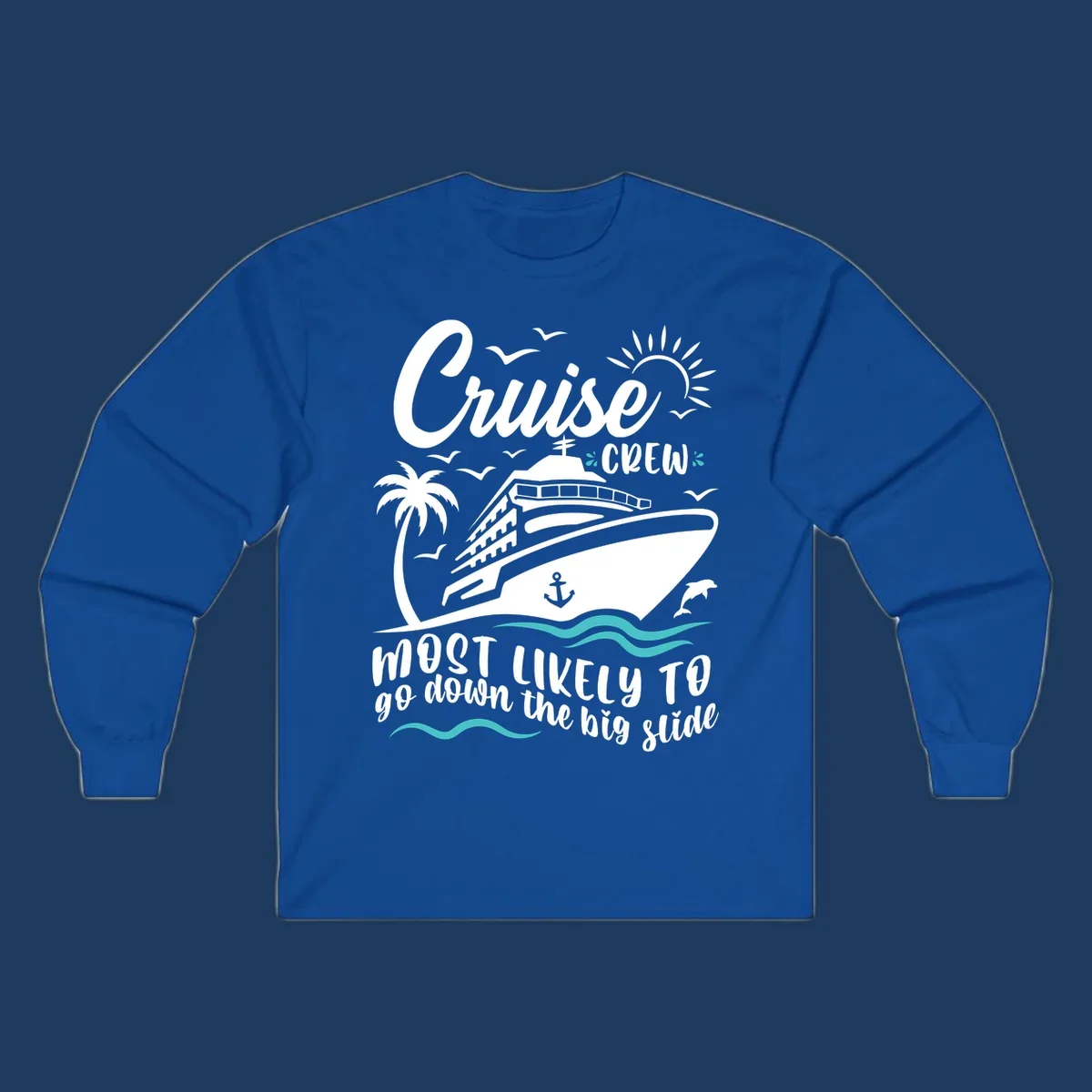 Cruise crew big slide design with ship, palm tree, dolphins, sun, and ocean waves on gray background