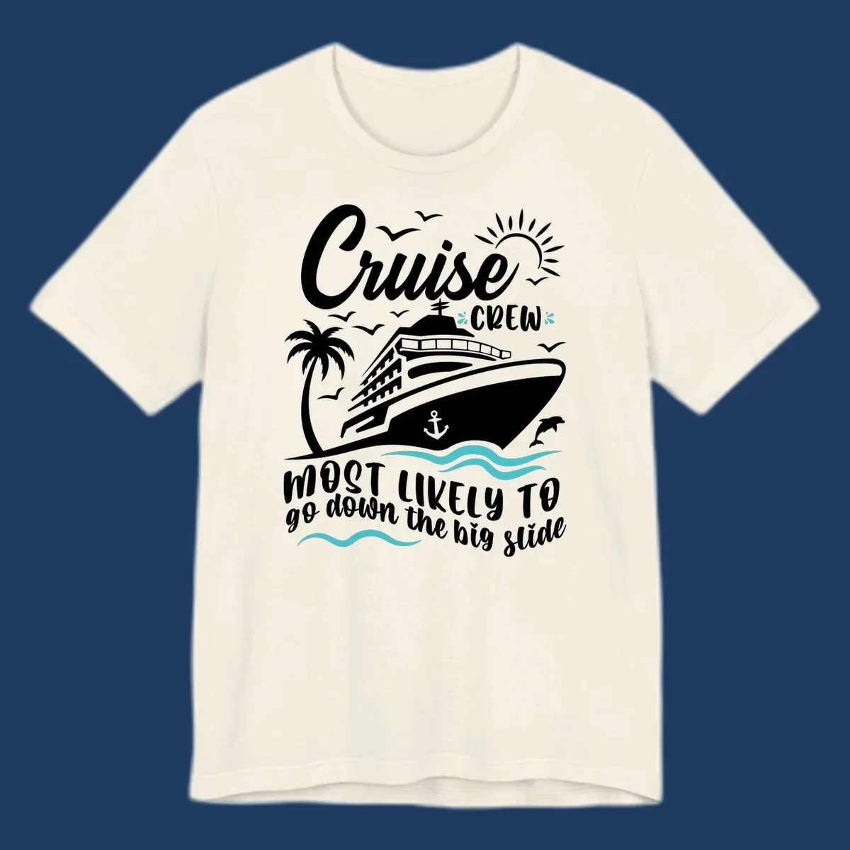 Cruise crew big slide design with ship, palm tree, dolphins, sun, and ocean waves on gray background