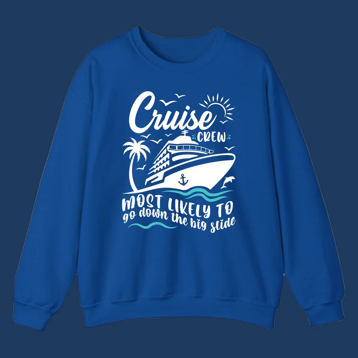 Cruise crew big slide design with ship, palm tree, dolphins, sun, and ocean waves on gray background