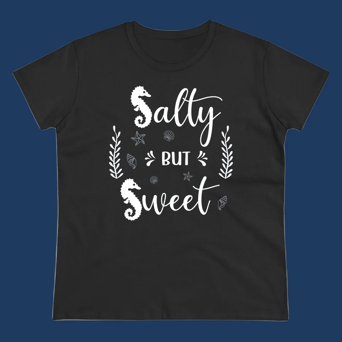 Salty but sweet nautical design with seahorses, starfish, and seashells in white on gray background
